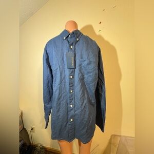 Biltmore Dress Shirt Mens Medium Blue button collar long sleeve Linen Cotton NWT